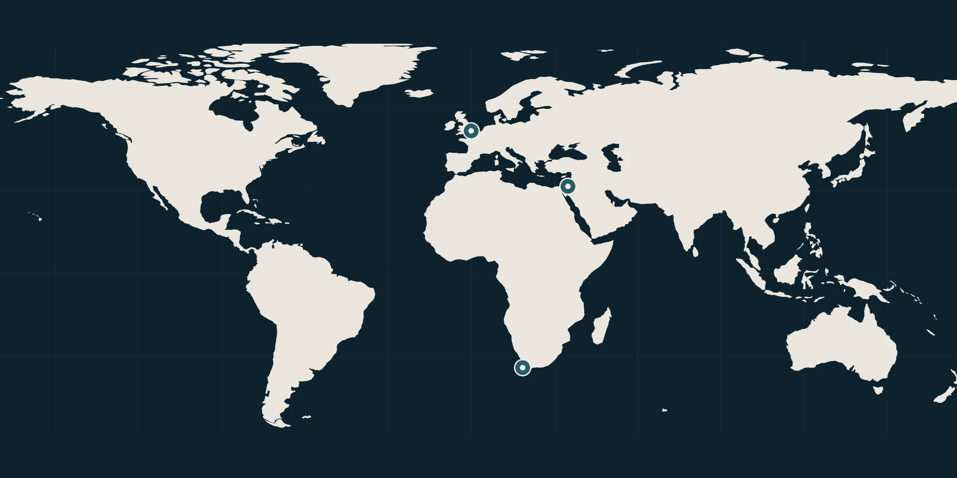 World map highlighting Humanity1st pilot locations in the United Kingdom, the Middle East and South Africa